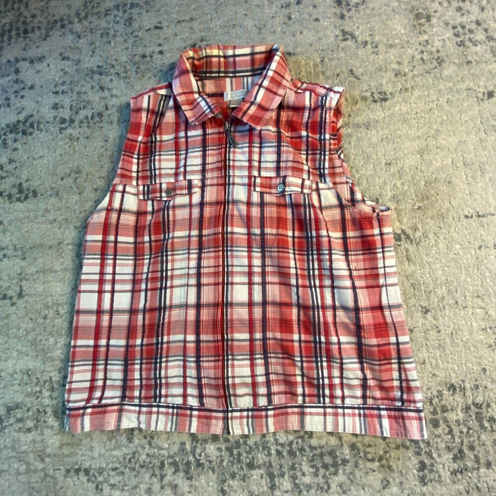 Christopher & Banks Womens Large Red Plaid Full Zip Sleeveless Utility Vest